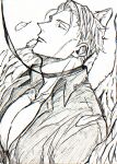1boy absurdres angel_wings collar collared_shirt feathers highres jujutsu_kaisen large_pectorals leash lips male_focus monochrome nanami_kento neconii_oo open_clothes open_shirt parted_lips pectorals safe shirt short_hair sketch solo twitter_username upper_body wings