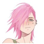 1boy 1girl bangs character_name closed_mouth ear_piercing earrings freckles hair_over_one_eye jewelry league_of_legends looking_at_viewer lowres piercing pink_hair portrait safe short_hair simple_background smile solo vi_(league_of_legends) white_background wuzeirou