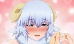 1girl animal_ears bangs blue_eyes blue_hair blush breasts commentary_request holding_hands horns light_blue_hair looking_at_viewer merino_(monster_musume) monster_girl monster_musume_no_iru_nichijou neck_fur nose_blush open_mouth pink_background portrait pov safe sheep_ears sheep_girl sheep_horns short_hair smile solo_focus von-cx