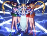 5girls absurdres aino_minako back_bow bangs bare_legs bishoujo_senshi_sailor_moon blonde_hair blue_bow blue_bowtie blue_choker blue_eyes blue_footwear blue_hair blue_sailor_collar blue_skirt blush boots bow bowtie brooch brown_hair choker circlet closed_mouth collarbone collared_shirt commentary crescent crescent_facial_mark double_bun dress earrings elbow_gloves facial_mark floating_hair forehead_mark gem gloves green_choker green_eyes green_footwear green_sailor_collar green_skirt hair_bobbles hair_bun hair_intakes hair_ornament half_updo hand_on_another&#039;s_shoulder high_heels high_ponytail highres hino_rei inner_senshi jewelry kino_makoto knee_boots long_hair maboroshi_no_ginzuishou magical_girl miniskirt mizuno_ami multiple_girls ofuda orange_choker orange_footwear orange_sailor_collar orange_skirt p_m_ame parted_bangs pink_bow pleated_skirt ponytail princess_serenity purple_bow purple_bowtie purple_hair red_bow red_choker red_footwear red_sailor_collar red_skirt safe sailor_collar sailor_collar_lift sailor_jupiter sailor_mars sailor_mercury sailor_senshi_uniform sailor_shirt sailor_venus serious shiny shiny_hair shirt short_hair skirt sleeveless sleeveless_shirt standing star_(symbol) tiara tsukino_usagi twintails very_long_hair violet_eyes white_dress white_gloves white_shirt