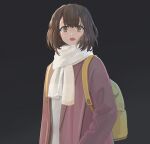 1girl :o backpack bag black_background brown_eyes brown_hair coat crying crying_with_eyes_open long_sleeves looking_at_viewer original present_art safe scarf short_hair solo tears upper_body white_scarf