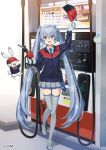  1girl :d arm_up bangs blue_eyes blue_hair blue_headwear blue_jacket blue_necktie boots collared_shirt commentary_request full_body gas_pump gas_pump_nozzle gas_station grey_footwear grey_skirt hat hatsune_miku highres holding holding_clothes holding_hat jacket long_hair looking_at_viewer multicolored_clothes multicolored_jacket necktie open_mouth rabbit_yukine red_headwear red_jacket shirt skirt smile taranboman teeth thigh_boots thighhighs twintails two-tone_headwear two-tone_jacket upper_teeth very_long_hair vocaloid white_legwear white_mittens white_shirt yuki_miku 