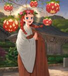1girl :d anne_of_green_gables anne_shirley architecture blue_eyes braid day east_asian_architecture flower freckles hair_flower hair_ornament highres japanese_clothes kimono long_hair outdoors own_hands_together present_art redhead safe shrine smile solo standing twin_braids twintails wide_sleeves
