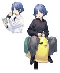  1girl absurdres black_footwear blue_hair bocchi_the_rock! book earrings eating highres holding jewelry long_sleeves mole mole_under_eye pants plant ribbon safe shirt short_hair sitting solo spring_rider yamada_ryou yellow_eyes yitiao_er-hua 