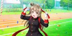 1girl brown_eyes brown_hair confetti dress gloves long_hair love_live!_school_idol_festival_all_stars minami_kotori open_mouth outdoors petals smile solo white_gloves