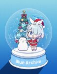 1girl arona_(blue_archive) blue_archive blue_eyes blue_hair blush choker christmas hair_over_one_eye hairband halo hat highres open_mouth safe santa_costume school_uniform v white_choker white_hairband yukki_bunny