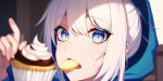 1girl ai-generated blue_eyes blurry cupcake depth_of_field disheveled_hair eating food hood hoodie looking_at_viewer messy_hair non-web_source red_eyes safe snacking solo tagme white_hair