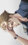 1boy absurdres artist_name blonde_hair blue_shirt collared_shirt gradient gradient_background grey_background hand_in_own_hair highres jujutsu_kaisen lips looking_at_viewer male_focus nanami_kento nthndn parted_lips shirt short_hair solo upper_body watch