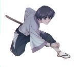 1boy bangs closed_mouth full_body gradient gradient_background grey_eyes grey_hair grey_kimono hair_between_eyes japanese_clothes kimono male_focus okurase one_knee rurouni_kenshin seta_soujirou sheath sheathed shiny shiny_hair short_hair simple_background smile socks solo sword tabi weapon white_background white_socks