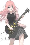 1girl aqua_eyes black_shirt blush bocchi_the_rock! breasts cable commentary_request electric_guitar gibson_les_paul gotou_hitori gradient gradient_background grey_skirt guitar hair_ornament highres higuma29 holding holding_instrument instrument jacket long_hair looking_at_viewer medium_breasts one_side_up open_clothes open_jacket open_mouth pink_hair pink_jacket pleated_skirt shirt simple_background skirt sleeves_rolled_up smile solo track_jacket white_background