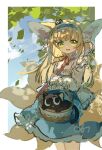 1girl :d absurdres animal_ear_fluff animal_ears arknights basket black_cat blonde_hair blue_dress blue_hairband border cat commentary_request dress english_commentary fox_ears fox_girl fox_tail frilled_dress frilled_hairband frilled_shirt frills green_eyes hairband highres holding holding_basket kitsune long_hair looking_at_viewer neck_ribbon outdoors outside_border red_ribbon ribbon shio_(7203802) shirt sketch sleeves_past_wrists smile solo standing suzuran_(arknights) suzuran_(spring_praise)_(arknights) tail upper_body white_border