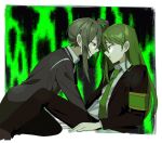 2boys armband bags_under_eyes black_coat black_jacket black_pants brown_eyes censored coat collared_shirt dual_persona eye_contact feet_out_of_frame from_side green_hair green_necktie hair_between_eyes hair_bun highres jacket library_of_ruina lobotomy_corporation long_hair looking_at_another male_focus mosaic_censoring mu46016419 multiple_boys necktie netzach_(project_moon) outside_border pants parted_lips profile project_moon safe shirt single_side_bun straddling sweat sweatdrop white_shirt