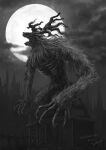 antlers artist_name bloodborne claws cleric_beast cloud clouds full_body full_moon fur greyscale highres house monochrome monster moon night no_humans open_mouth outdoors safe sharp_teeth signature skull sky standing teeth tripdancer