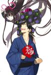 1boy 1girl black_hair fate/grand_order fate_(series) floating hand_fan japanese_clothes kimono light_smile long_hair looking_at_another mickey_mouse_ears oryou_(fate) pako_(pakosun) ponytail safe sakamoto_ryouma_(fate) simple_background smile white_background yukata