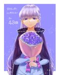 1girl absurdly_long_hair anniversary belly_chain blue_dress bouquet braid cloak cowboy_shot dress fire_emblem fire_emblem:_the_binding_blade flower french_braid highres holding holding_bouquet jewelry long_hair long_sleeves looking_at_viewer purple_background purple_cloak purple_eyes purple_flower purple_hair simple_background smile solo sophia_(fire_emblem) straight-on tsukimura_(d24f4z8j3t) very_long_hair violet_eyes