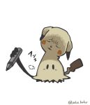 =3 black_eyes commentary_request gradient gradient_background holding holding_stylus jako_(boke_poke) looking_at_viewer mimikyu no_humans pokemon pokemon_(creature) simple_background solid_oval_eyes solo stylus twitter_username watermark white_background
