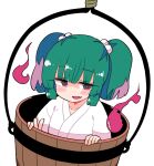 1girl blush brown_eyes bucket fang green_hair hair_bobbles hair_ornament in_bucket in_container ini_(inunabe00) japanese_clothes kimono kisume open_mouth safe short_hair simple_background skin_fang smile solo touhou two_side_up white_background white_kimono wooden_bucket