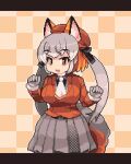  1girl animal_ears animated ascot bangs belt blinking checkered_background extra_ears fox_ears gloves grey_hair hands_up hat highres island_fox_(kemono_friends) jacket kemono_friends kemono_friends_v_project long_hair long_sleeves looking_at_viewer looping_animation midoribox multicolored_hair orange_eyes orange_hair pixel_art sidelocks skirt smile solo twintails very_long_hair video virtual_youtuber 