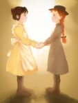 2girls anne_of_green_gables anne_shirley apron black_hair black_headwear boots bow braid brown_footwear diana_barry dress eye_contact grey_dress hair_bow hat highres holding_hands long_sleeves looking_at_another multiple_girls nukazuke red_bow redhead safe yellow_dress