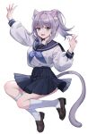  1girl :3 absurdres animal_ear_fluff animal_ears arms_up bangs blue_eyes blue_necktie blue_sailor_collar blush cat_ears cat_girl cat_tail commentary fang full_body grey_hair hair_between_eyes highres jumping kneehighs loafers long_sleeves looking_at_viewer neckerchief necktie open_mouth original panties pantyshot pleated_skirt ponytail sailor_collar school_uniform serafuku shirt shoes short_hair simple_background skirt smile socks solo ssoi_cat symbol-only_commentary tail underwear white_background white_legwear white_shirt 