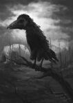 artist_name bird branch cloud cloudy_sky crow elden_ring greyscale highres hollow_eyes monochrome monster outdoors safe sharp_teeth signature sky standing teeth tripdancer wings