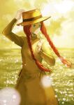 1girl anne_of_green_gables anne_shirley arm_up braid day dress flower freckles green_dress green_eyes hat holding holding_flower long_hair long_sleeves muraicchi_(momocchi) outdoors safe smile solo standing twin_braids twintails yellow_headwear