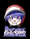 1girl :d black_background blue_eyes blue_hair cover doremy_sweet fake_cover hands_on_own_face hat highres looking_at_viewer luigi&#039;s_mansion nightcap open_mouth parody red_headwear safe short_hair simple_background smile solo super_mario_bros. touhou zenji029