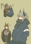  2girls animal_ear_fluff animal_ears arknights bangs black_pantyhose black_scarf black_shirt black_skirt black_thighhighs blue_jacket brown_background brown_eyes brown_hair brown_shirt closed_mouth collared_shirt commentary_request covered_mouth dress_shirt franka_(arknights) fringe_trim grey_hair haruichi_(sazanami_complex) highres horns jacket liskarm_(arknights) long_hair multiple_girls pantyhose ponytail safe scarf shirt simple_background single_leg_pantyhose single_thighhigh skirt tail tail_grab thigh-highs translation_request 