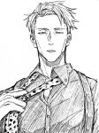 1boy absurdres adjusting_clothes adjusting_necktie animal_print buttons collared_shirt greyscale highres jujutsu_kaisen leopard_print looking_at_viewer male_focus monochrome nanami_kento necktie neconii_oo parted_lips shirt short_hair sketch solo suspenders upper_body