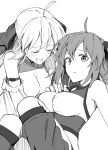  2girls ahoge armlet artoria_caster_(counter_stretch)_(fate) artoria_caster_(fate) artoria_pendragon_(fate) bare_arms bare_shoulders blush breasts closed_mouth collar f_204nocontent fate/grand_order fate_(series) fujimaru_ritsuka_(female) greyscale highres looking_at_viewer medium_breasts monochrome multiple_girls open_mouth ribbon safe short_hair teeth twintails white_background yuri 