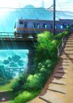 blush commentary_request day grass ground_vehicle highres mountain mugumo_24k no_humans original outdoors power_lines railing scenery signature sky stairs torii train transmission_tower tree utility_pole