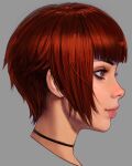 1girl bangs blunt_bangs choker cropped_shoulders from_side grey_background grey_eyes head_only highres ilya_kuvshinov light_smile lips looking_ahead mole nose original profile realistic redhead safe short_hair simple_background solo