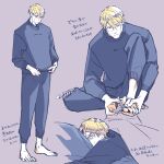 1boy barefoot black_pants black_sweater blonde_hair casual clipping_nails expressionless face_in_pillow full_body glasses holding jujutsu_kaisen male_focus nail_clippers nanami_kento pants pillow short_hair sitting solo standing sweater sweatpants twitter_username upper_body ykrrr23