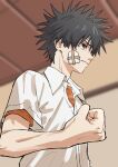 1boy a_certain_high_school_uniform aic_oekaki black_eyes black_hair blurry blurry_background clenched_hand closed_mouth collared_shirt commentary_request gauze highres indoors kamijou_touma male_focus orange_shirt safe school_uniform shirt short_sleeves solo spiky_hair toaru_majutsu_no_index upper_body white_shirt