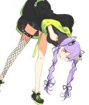 1girl bent_over black_footwear black_jacket braid copyright_request fishnet_legwear fishnets hair_ornament heart heart_hair_ornament indie_virtual_youtuber jacket long_hair looking_at_viewer pako_(pakosun) pink_eyes purple_hair ribbon safe smile solo twintails