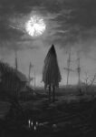 1other ambiguous_gender artist_name bloodborne candle cloud clouds cloudy_sky full_body highres hood hood_up hooded_robe house monochrome moon outdoors robe scenery signature sky solo standing stone torn_robe tripdancer water