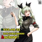 1girl anchovy_(girls_und_panzer) anzio_military_uniform apron artist_logo bangs belt black_apron black_necktie black_shirt character_name cover dated dress_shirt drill_hair girls_und_panzer green_hair grey_jacket hair_ribbon hand_on_hip happy_birthday holding holding_ladle italian_text jacket ladle long_hair looking_to_the_side military military_uniform necktie nishi_itsumi open_mouth red_eyes ribbon riding_crop safe sam_browne_belt shirt solo twin_drills twintails uniform upper_body waist_apron wing_collar zoom_layer