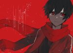 1boy absurdres bangs black_hair black_shirt frown hair_between_eyes highres jacket kagerou_project kageroudt322 kisaragi_shintarou looking_at_viewer looking_to_the_side male_focus mekakucity_actors red_background red_eyes red_jacket red_scarf red_theme safe scarf shirt short_hair solo