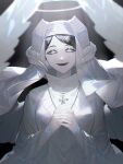 1girl angel_wings black_clover blue_eyes cross cross_necklace evil_smile facial_mark frit_2 habit highres holding holding_jewelry holding_necklace jewelry necklace nun praying robe safe sister_lily smile solo white_halo white_robe wings