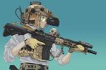  1girl 1other absurdres ammunition_belt androgynous aqua_background assault_rifle binoculars black_eyes blonde_hair camouflage commentary ear_protection english_commentary from_side geissele_urg-i gloves gradient gradient_background green_background gun helmet highres holding holding_gun holding_weapon light_brown_hair m4_carbine military night_vision_device original parted_lips profile rifle safe shirt short_hair simple_background solo soutou_nagi tactical_clothes upper_body weapon white_shirt yellow_gloves 