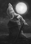 animal artist_name dark_souls_(series) dark_souls_i from_side full_moon great_grey_wolf_sif greyscale highres howling monochrome moon night no_humans outdoors planted planted_sword safe signature sky solo standing sword tombstone tripdancer watermark weapon wolf