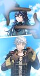 1boy 1girl ameno_(a_meno0) armor bangs black_coat black_gloves black_sweater blue_cape blue_eyes blue_hair blue_sky blurry blurry_background blurry_foreground blush brown_eyes cape clouds coat collarbone commentary_request depth_of_field finger_frame fire_emblem fire_emblem_awakening gloves grey_shirt hair_between_eyes highres hood hood_down hooded_coat long_hair looking_at_viewer lucina_(fire_emblem) open_clothes open_coat pov pov_finger_frame robin_(fire_emblem) robin_(fire_emblem)_(male) safe shirt short_hair shoulder_armor sky smile sweater tiara turtleneck turtleneck_sweater upper_body white_hair