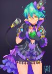  1girl bangs closed_mouth cup drinking_straw glasses gloves green_eyes green_hair hat highres holding holding_cup jacket looking_at_viewer pandoria_(xenoblade) pointy_ears purple_background purple_gloves purple_jacket purple_shorts safe short_hair short_sleeves shorts signature smile solo sou_(pale_1080) tail xenoblade_chronicles_(series) xenoblade_chronicles_2 