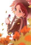 1girl anne_of_green_gables anne_shirley autumn_leaves blurry blurry_background braid brown_hair depth_of_field flower green_eyes hat holding holding_flower long_hair long_sleeves looking_back neko_(hansinn) outdoors plaid plaid_shirt safe shirt solo standing twin_braids twintails upper_body