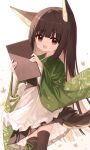 1girl :o animal_ear_fluff animal_ears apron bangs black_skirt brown_eyes brown_hair brown_thighhighs commentary_request eyebrows_visible_through_hair fox_ears frilled_apron frills ginkgo_leaf green_kimono holding japanese_clothes kimono leaf long_hair long_sleeves looking_at_viewer maple_leaf obi open_mouth original pleated_skirt safe sash simple_background skirt solo tail thigh-highs thighhighs very_long_hair wa_maid waist_apron white_apron white_background wide_sleeves yuuhagi_(amaretto-no-natsu)