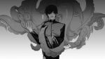 1boy black_hair black_jacket chainsaw_man dark_background earrings gakuran grey_background greyscale hair_over_one_eye highres jacket jewelry looking_at_viewer male_focus mole mole_under_mouth monochrome multiple_earrings octopus octopus_devil_(chainsaw_man) school_uniform short_hair simple_background solo_focus tentacles tsshsyt white_background yoshida_hirofumi