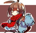 1girl amiya_(arknights) amiya_(fresh_fastener)_(arknights) animal_ears arknights bangs blue_eyes blue_jacket blush brown_background brown_hair bunny_ears closed_mouth eyebrows_visible_through_hair hair_between_eyes jacket long_sleeves looking_at_viewer open_jacket outline rabbit_ears safe sketch sleeves_past_fingers sleeves_past_wrists smile solo sukima_(crie) two-tone_background white_background white_outline