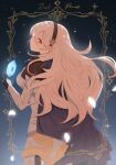 1girl armor black_hairband black_thighhighs blue_cape cape corrin_(fire_emblem) corrin_(fire_emblem)_(female) dragonstone english_text falling_petals fffera fire_emblem fire_emblem_fates floating floating_object gradient gradient_background grey_hair hairband highres long_hair looking_at_viewer looking_back manakete night night_sky petals pointy_ears red_eyes sky solo star_(sky) starry_sky stone thigh-highs