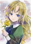 1girl blonde_hair blue_eyes closed_mouth dress flower highres holding holding_flower ib long_hair looking_at_viewer mary_(ib) rose smile solo yellow_flower yurara_(aroma42enola)