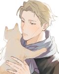 1boy animal blonde_hair brown_eyes cat expressionless gradient gradient_background highres holding holding_animal holding_cat jujutsu_kaisen looking_at_another lovemycat18 male_focus nanami_kento purple_scarf scarf short_hair solo white_background